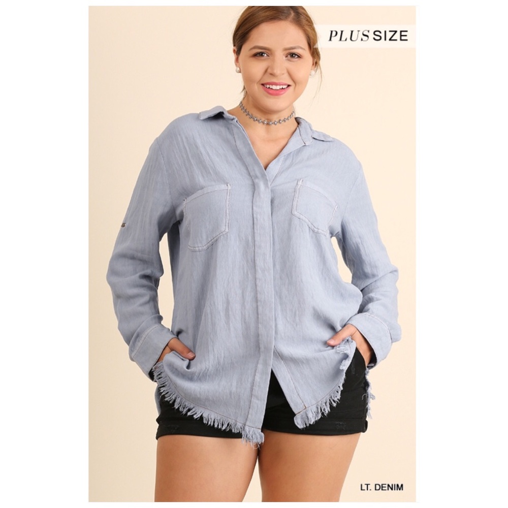Chambray Frayed Light Denim Button Down Blouse XL - Picture 4 of 7